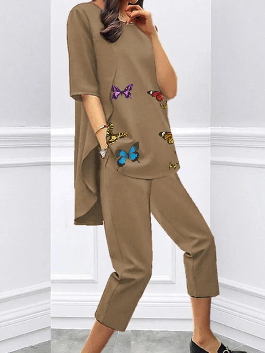 Loose Short Sleeve Casual Butterfly Print Two-piece Suit