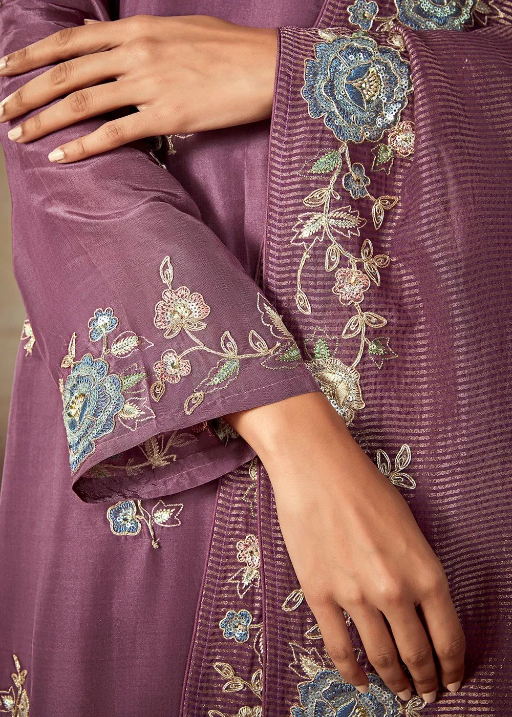 Mauve Purple Russian Silk Embroidered Pant Style Salwar Kurta