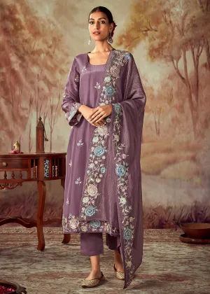 Mauve Purple Russian Silk Embroidered Pant Style Salwar Kurta