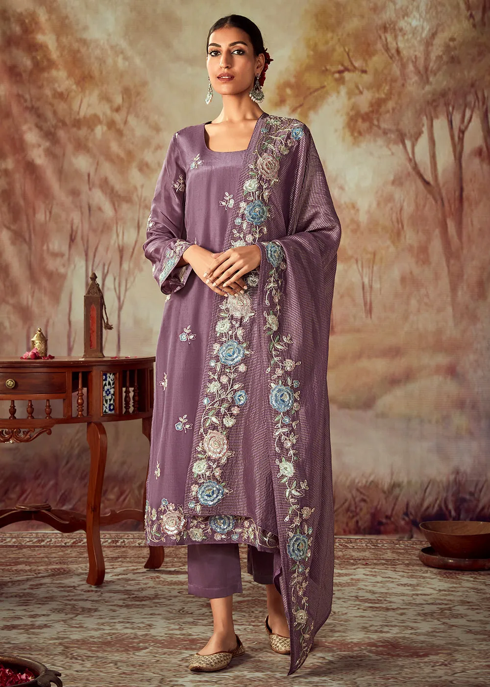 Mauve Purple Russian Silk Embroidered Pant Style Salwar Kurta