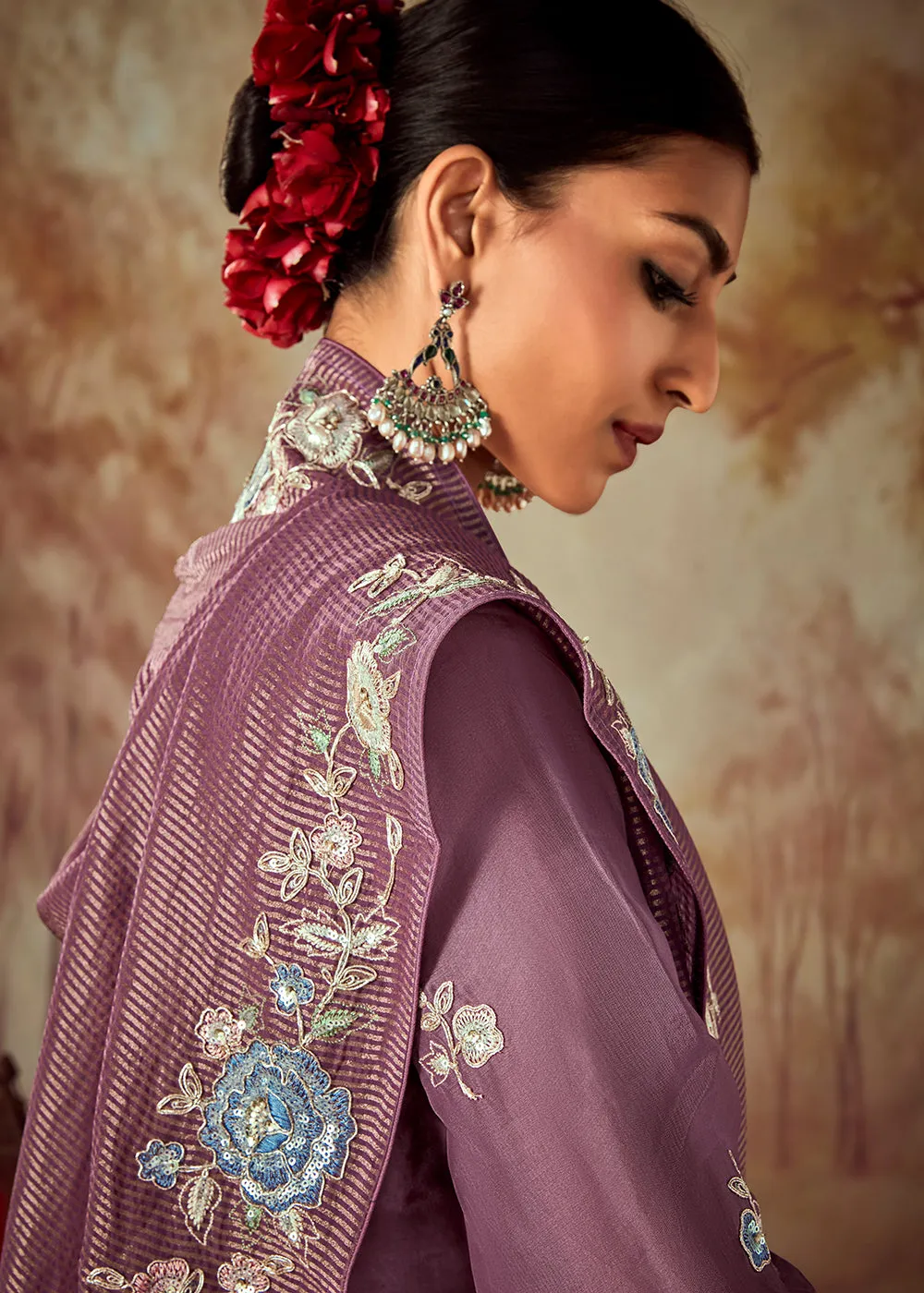 Mauve Purple Russian Silk Embroidered Pant Style Salwar Kurta