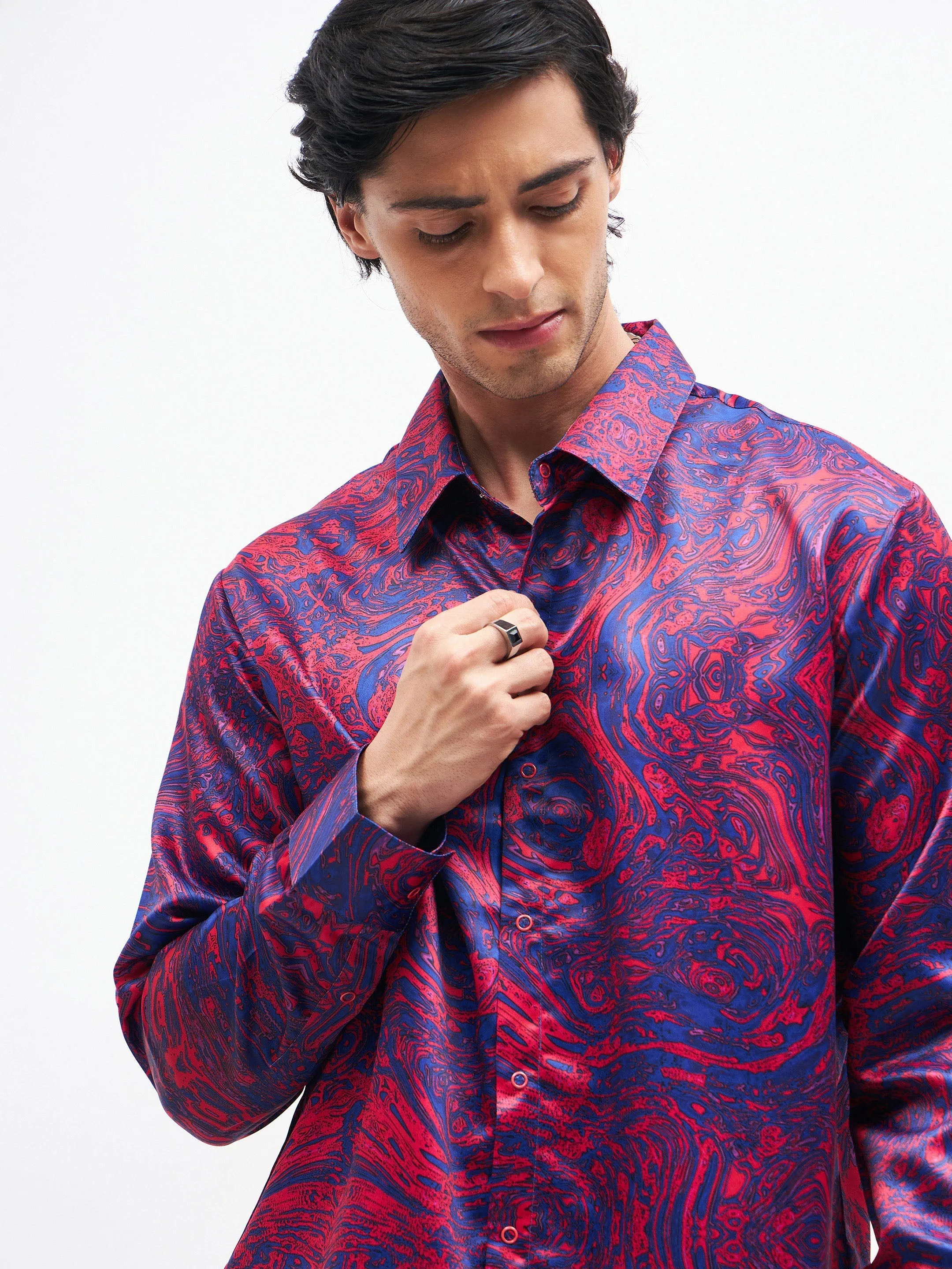 Men Red Marble Print Satin Shirt