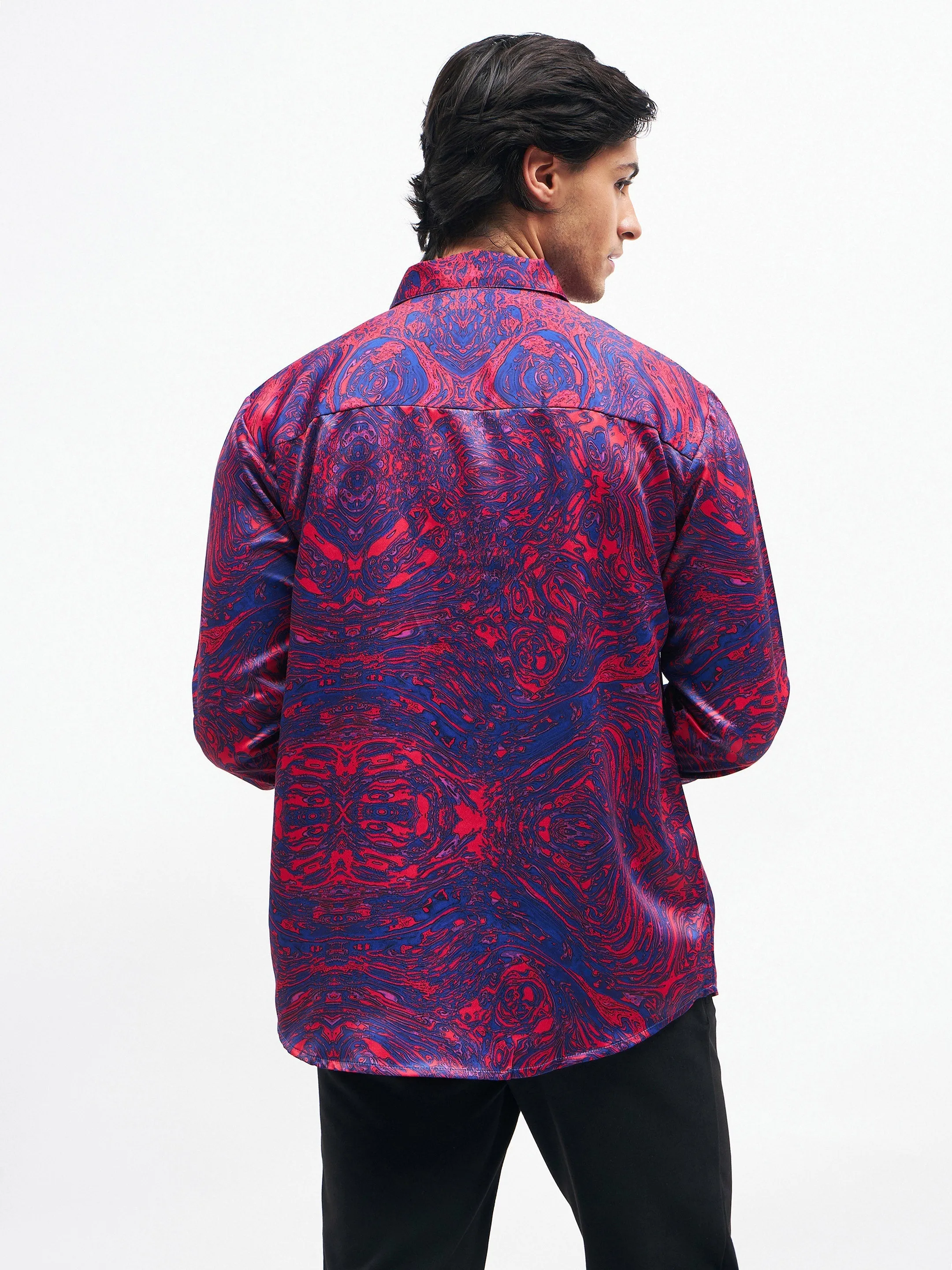 Men Red Marble Print Satin Shirt