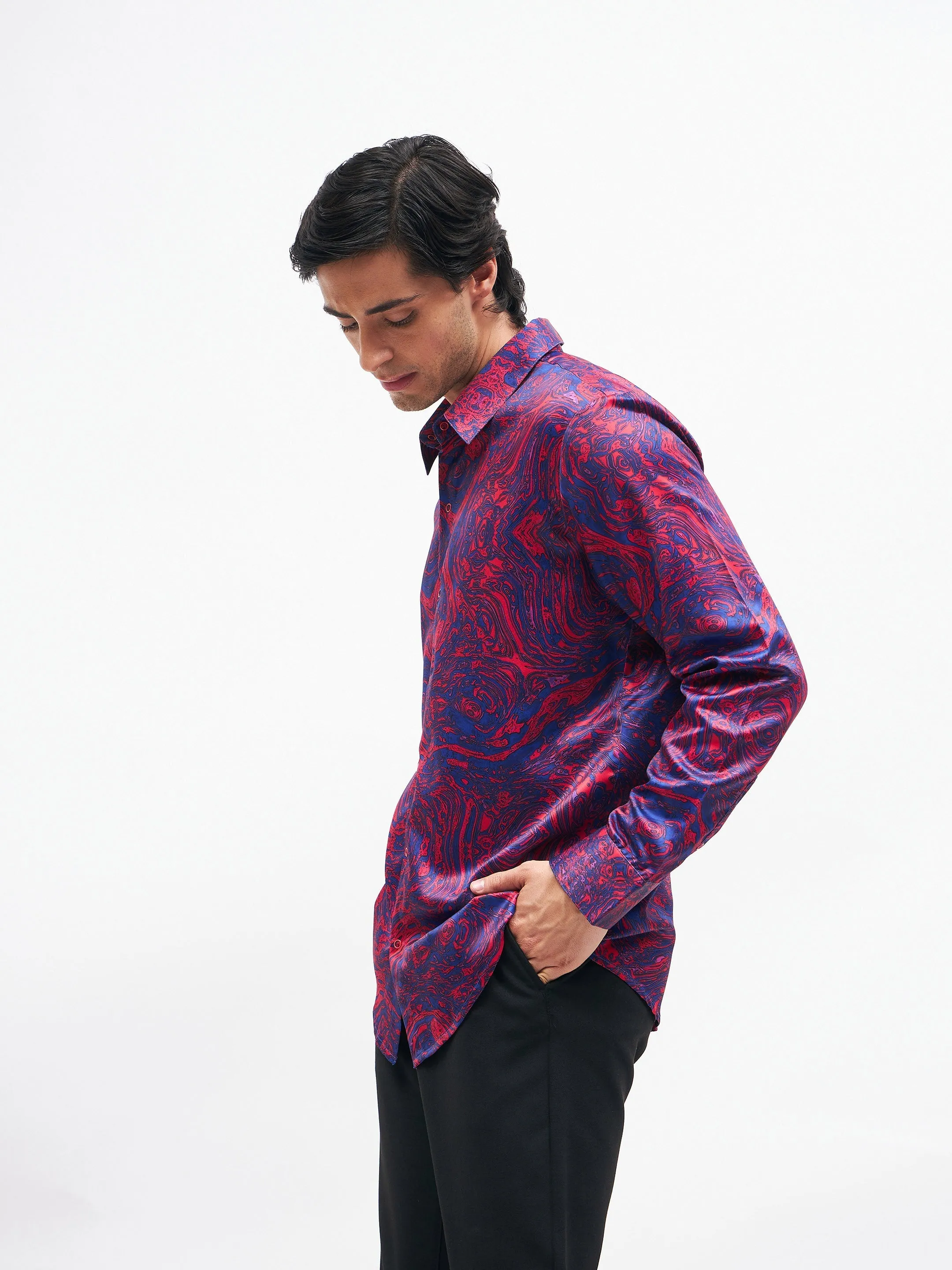 Men Red Marble Print Satin Shirt