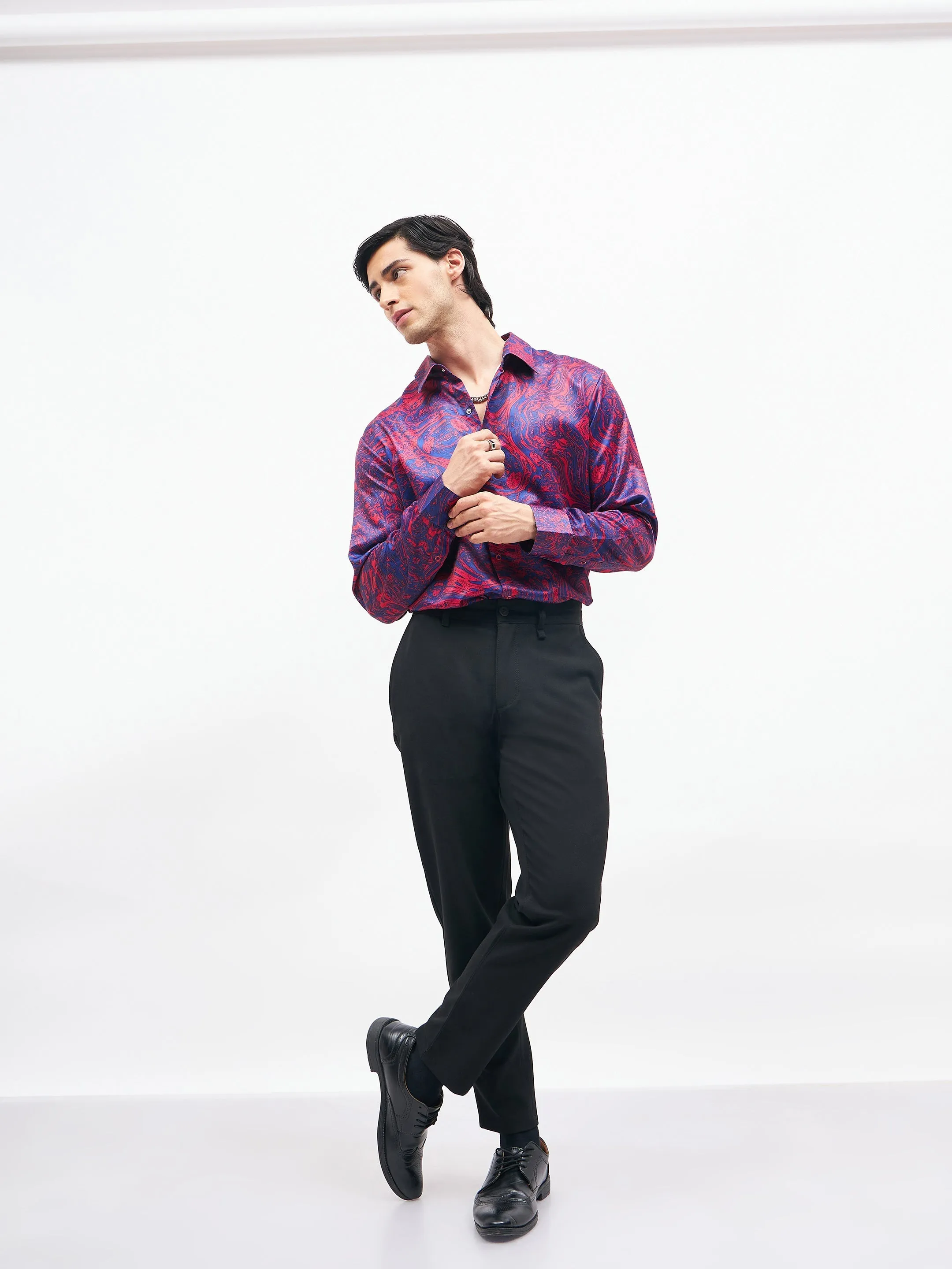 Men Red Marble Print Satin Shirt