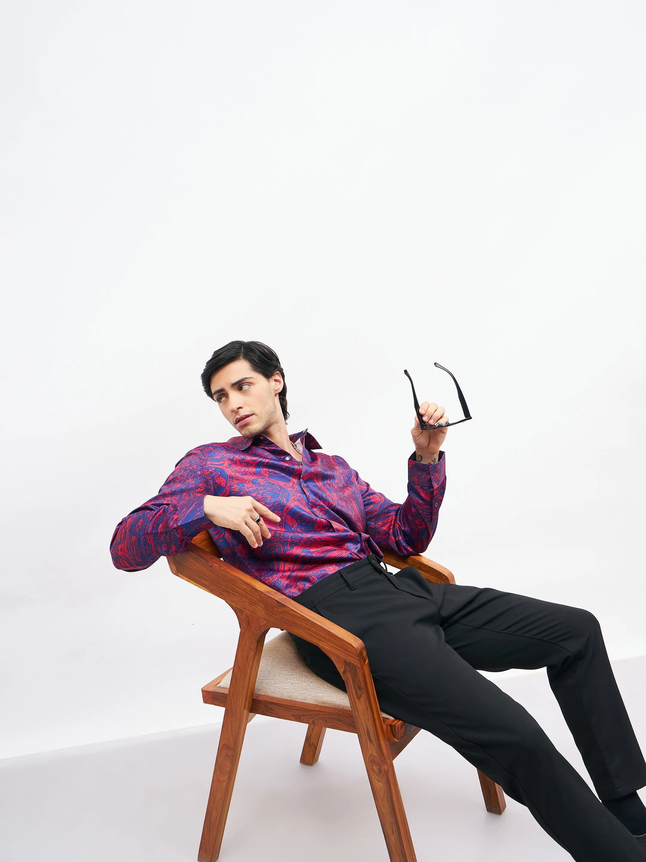 Men Red Marble Print Satin Shirt