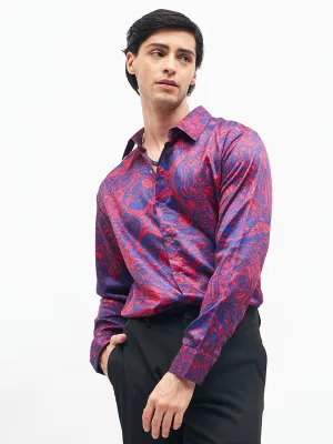 Men Red Marble Print Satin Shirt