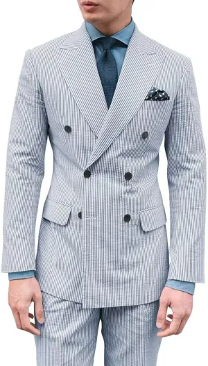 Men's Seersucker Suit 2 Piece Double Breasted Suits for Men Slim Fit Beach Wedding Striped Summer Casual Suit