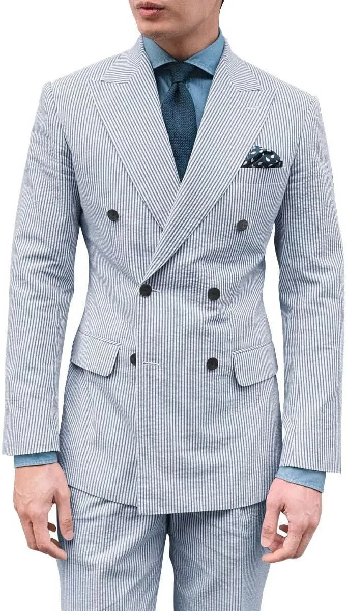 Men's Seersucker Suit 2 Piece Double Breasted Suits for Men Slim Fit Beach Wedding Striped Summer Casual Suit