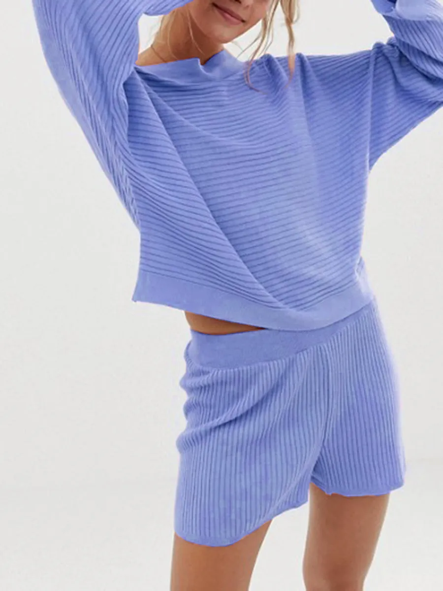 Mix Match Knitted Rib Off Shoulder Long Sleeve Top Shorts Two-Piece