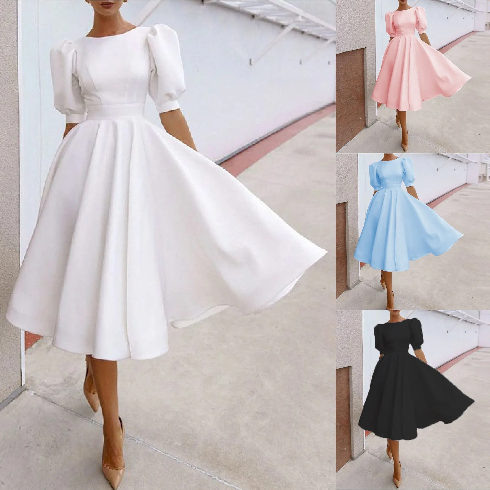 New Solid Color Slim Fit Women's Dress Sexy Big Swing Short Sleeve Middle Skirt Evening Dress