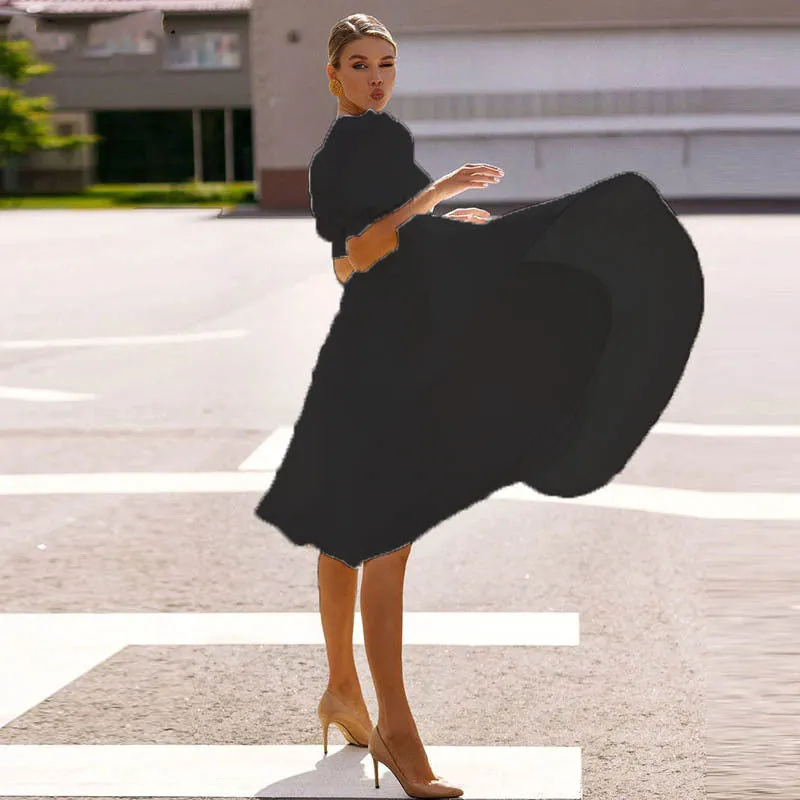 New Solid Color Slim Fit Women's Dress Sexy Big Swing Short Sleeve Middle Skirt Evening Dress