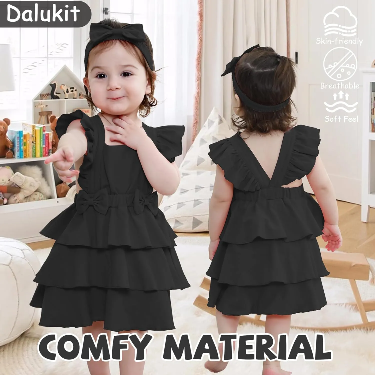 Newborn Baby Girl Summer Sundress Toddler Girls Ruffled Sleeves Dress Cotton Linen Dress with Headband for Little Kid
