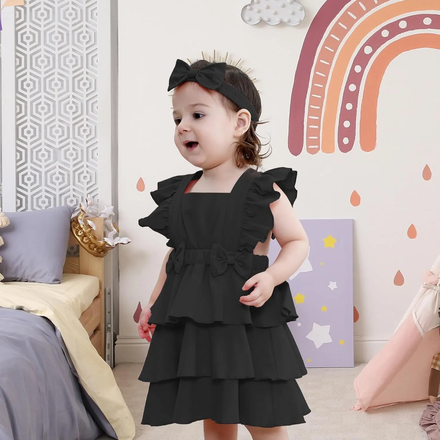 Newborn Baby Girl Summer Sundress Toddler Girls Ruffled Sleeves Dress Cotton Linen Dress with Headband for Little Kid