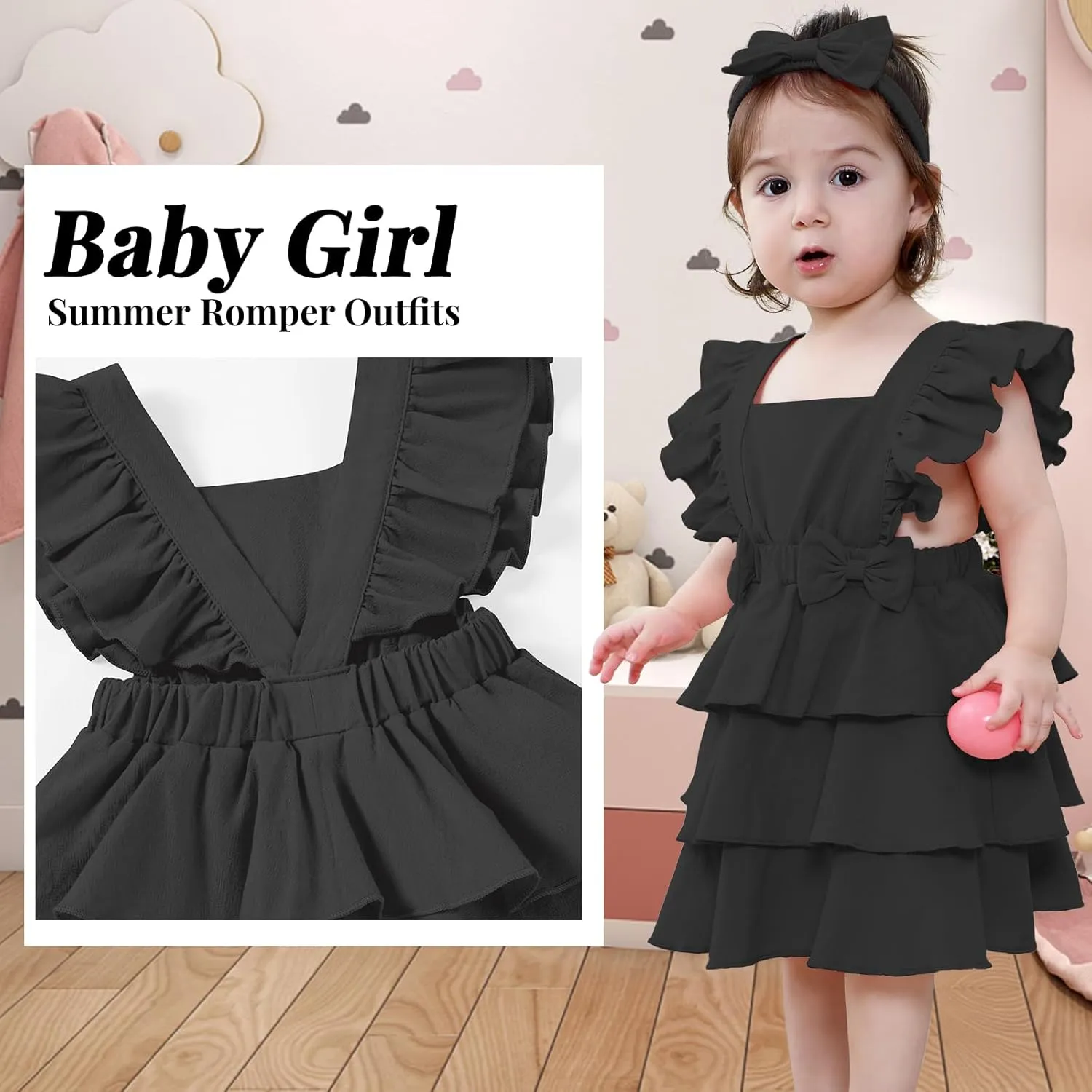 Newborn Baby Girl Summer Sundress Toddler Girls Ruffled Sleeves Dress Cotton Linen Dress with Headband for Little Kid