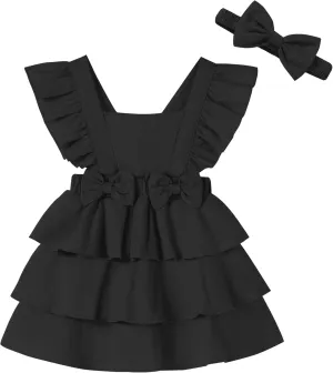 Newborn Baby Girl Summer Sundress Toddler Girls Ruffled Sleeves Dress Cotton Linen Dress with Headband for Little Kid