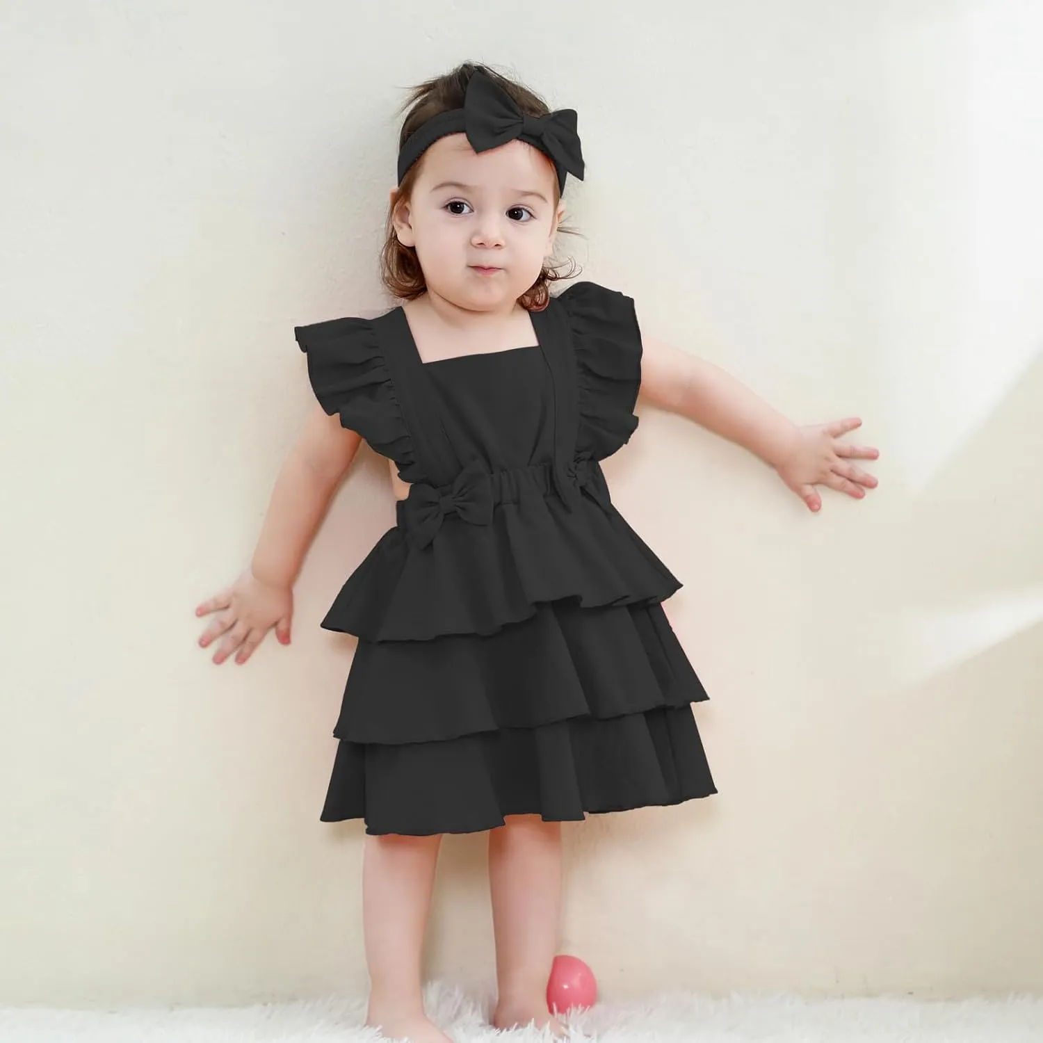 Newborn Baby Girl Summer Sundress Toddler Girls Ruffled Sleeves Dress Cotton Linen Dress with Headband for Little Kid