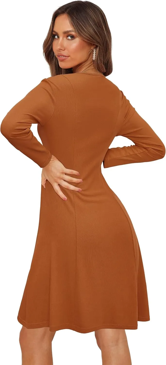 Newshows Women 2024 Fall Dress Long Sleeve Holiday Outfits Square Neck Casual Winter Ribbed Knit Dresses Trendy