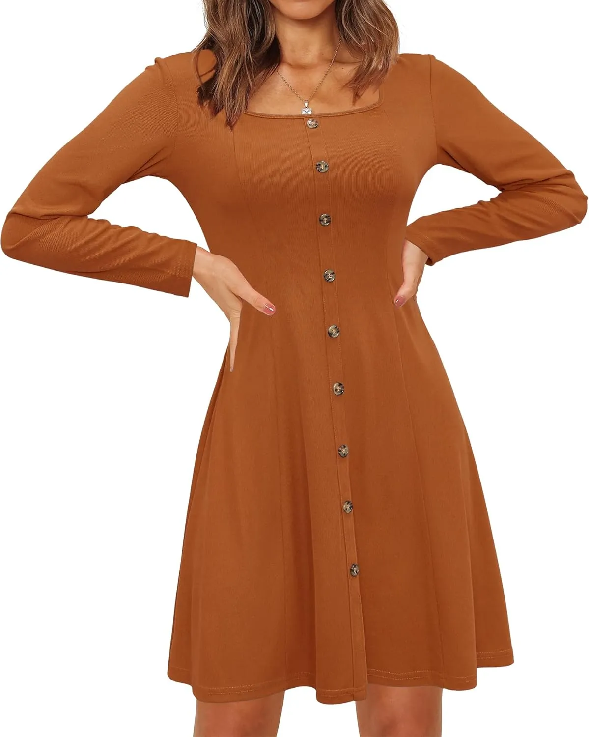 Newshows Women 2024 Fall Dress Long Sleeve Holiday Outfits Square Neck Casual Winter Ribbed Knit Dresses Trendy
