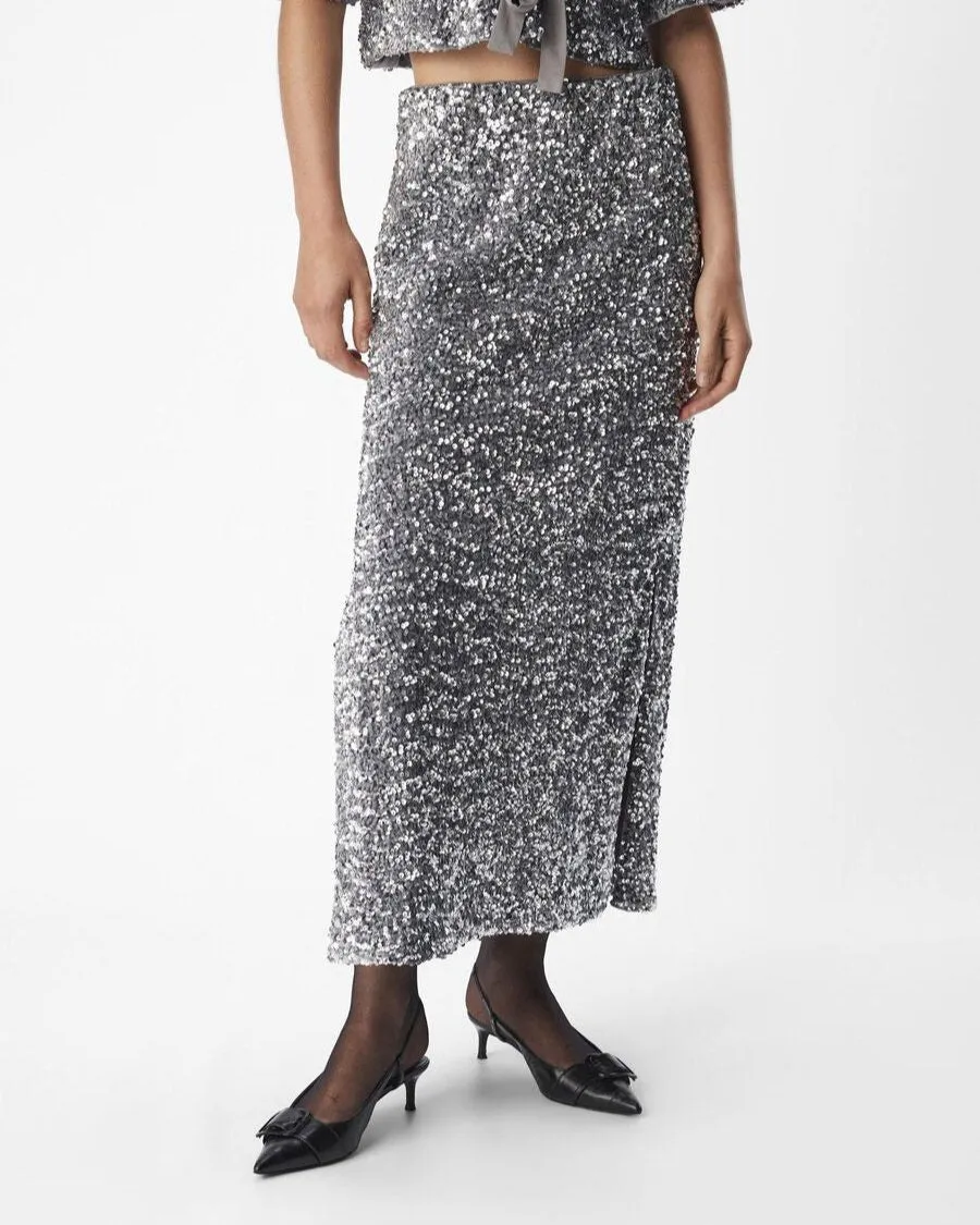 OBKINNE HW LONG SKIRT | ASPHALT/SILVER SEQUIN
