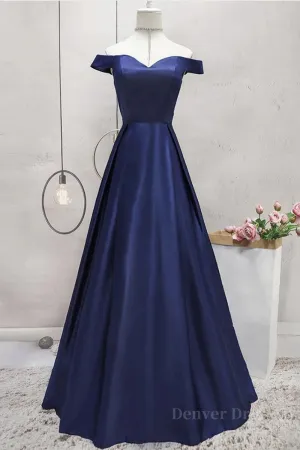 Off Shoulder Blue Satin Long Prom Dress Off Shoulder Blue Formal Dress Blue Evening Dress