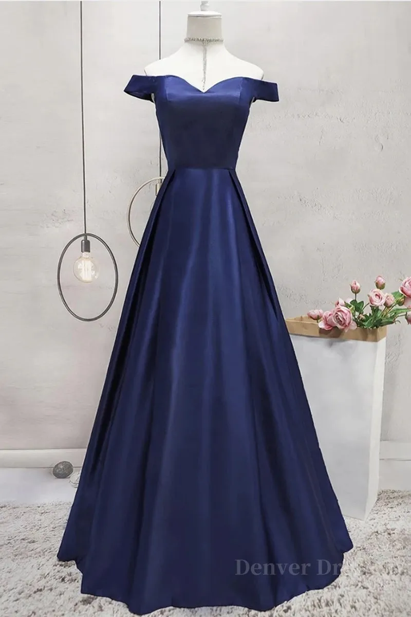 Off Shoulder Blue Satin Long Prom Dress Off Shoulder Blue Formal Dress Blue Evening Dress