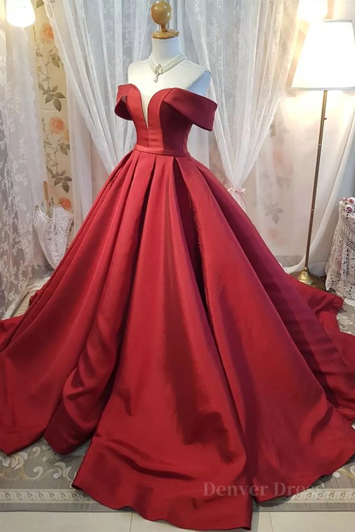 Off Shoulder Burgundy Satin Long Prom Dress V Neck Burgundy Formal Evening Dress Burgundy Ball Gown
