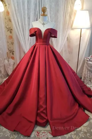 Off Shoulder Burgundy Satin Long Prom Dress V Neck Burgundy Formal Evening Dress Burgundy Ball Gown