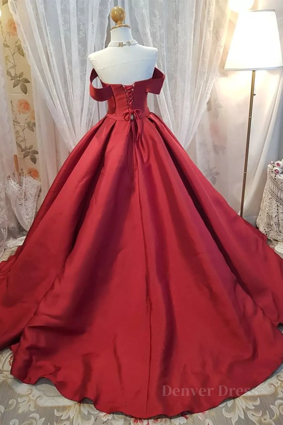 Off Shoulder Burgundy Satin Long Prom Dress V Neck Burgundy Formal Evening Dress Burgundy Ball Gown