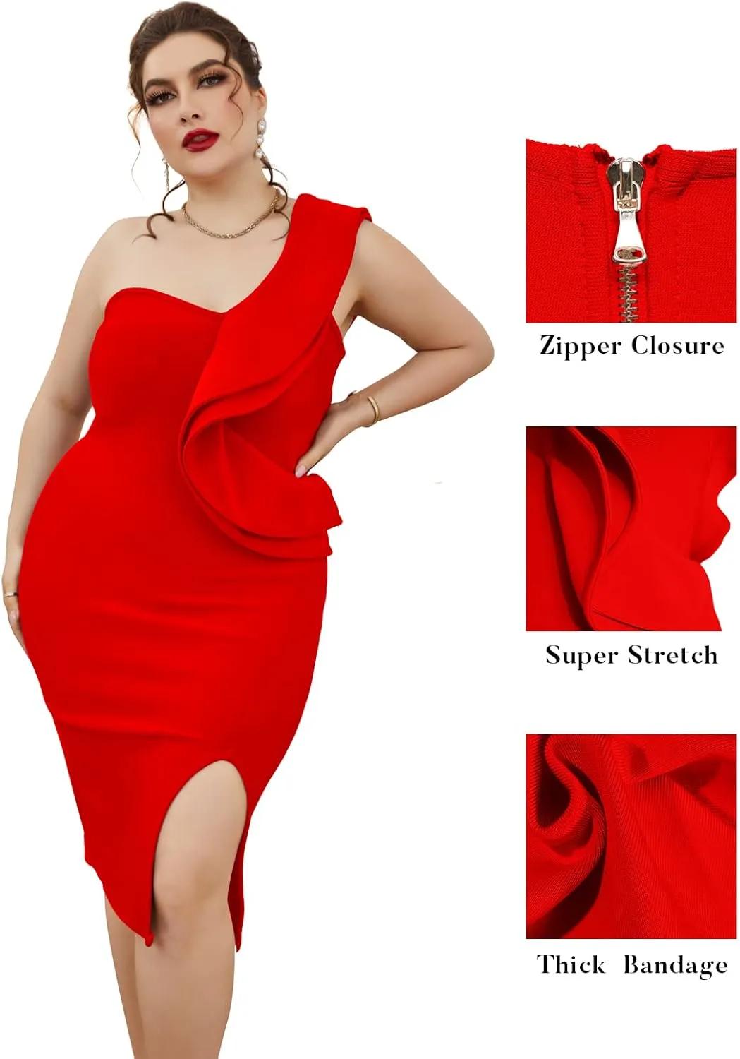 One Shoulder Ruffle Dress Side Split Bodycon Bandage Dress Wedding Guest Dress