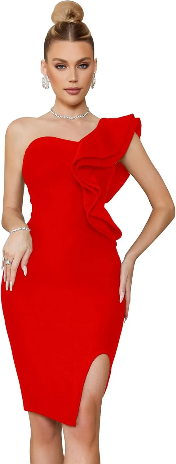 One Shoulder Ruffle Dress Side Split Bodycon Bandage Dress Wedding Guest Dress