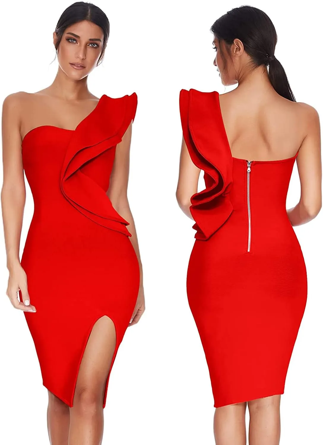 One Shoulder Ruffle Dress Side Split Bodycon Bandage Dress Wedding Guest Dress
