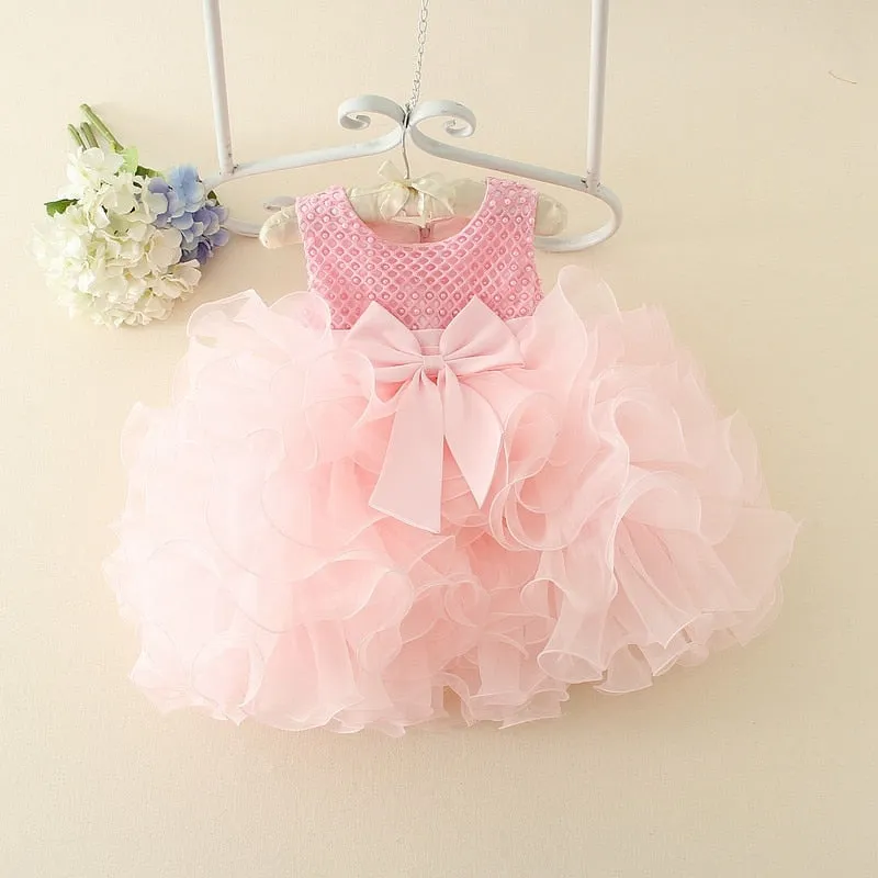 Pearl Decor Mesh Elegant Bridesmaids Dress Kids Tutu Dress Bow-knot Children Princess Dress Flower Wedding Dress For Girls