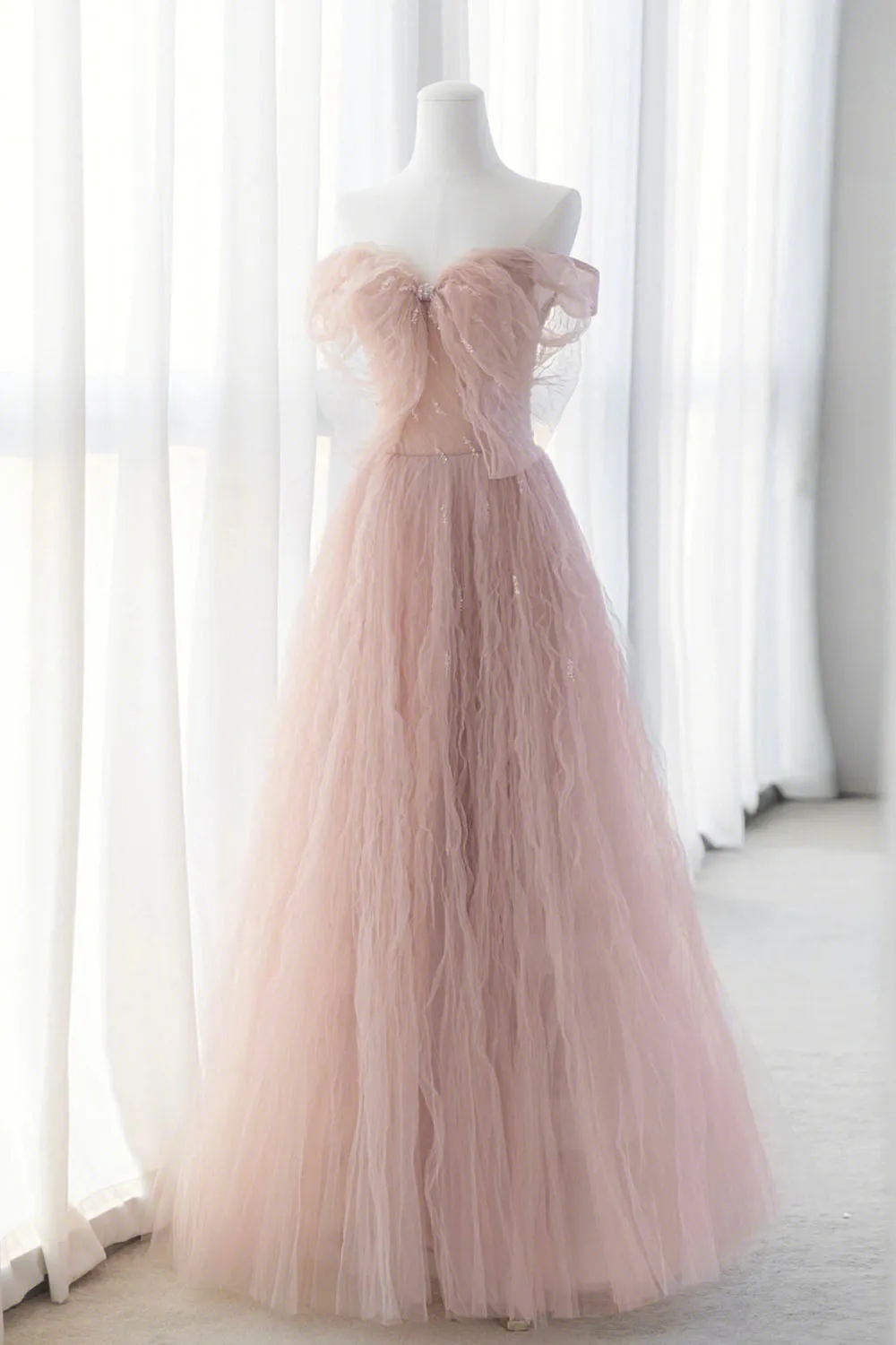Pink Tulle Long A-Line Prom Dresses, Pink Evening Dresses with Bow