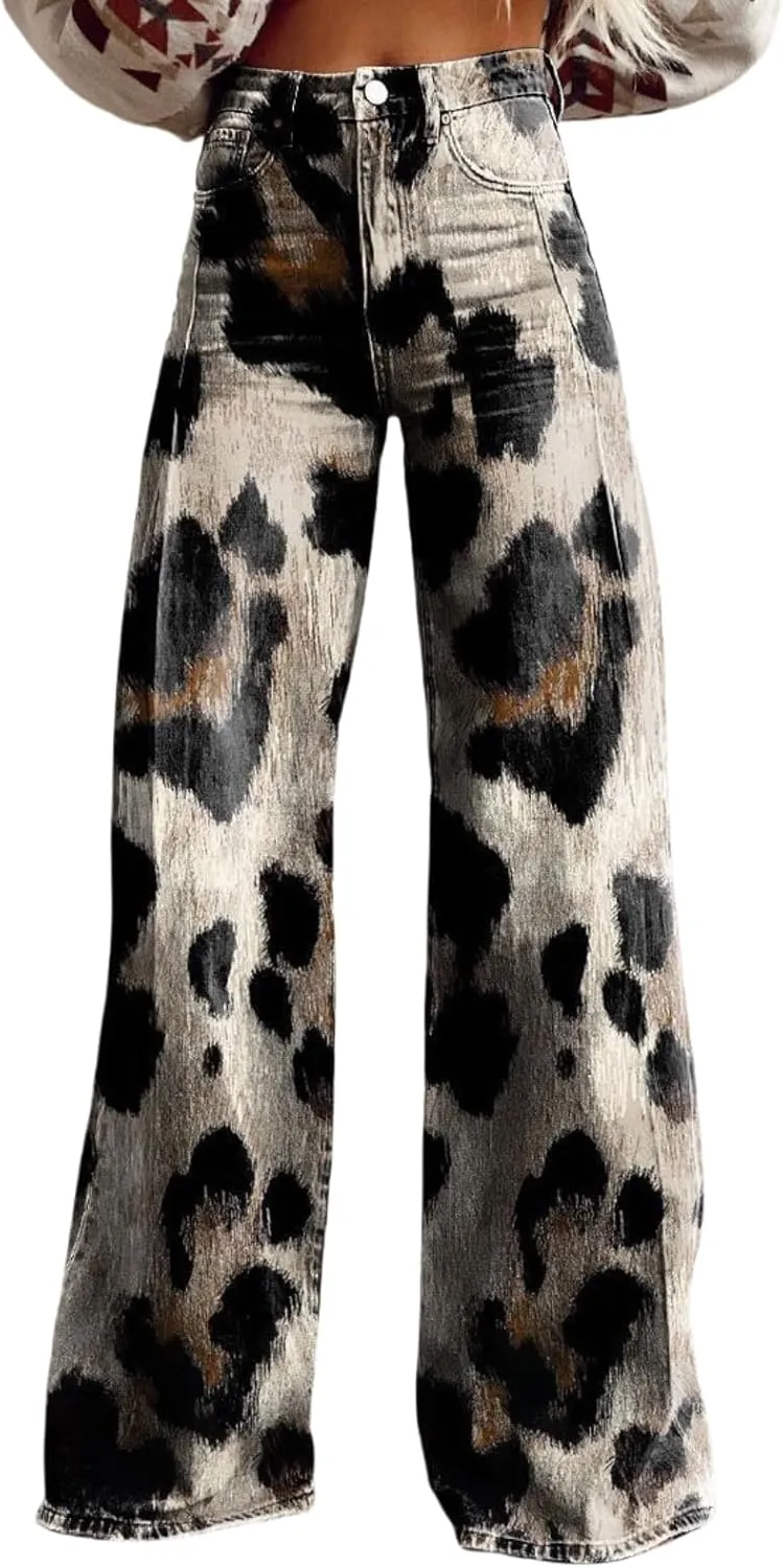 Printed Jeans for Women, Vintage Floral Graphic, 2025 Summer Wide Leg Dark Wash 90s Thin FauxJean Not Really Jeans.