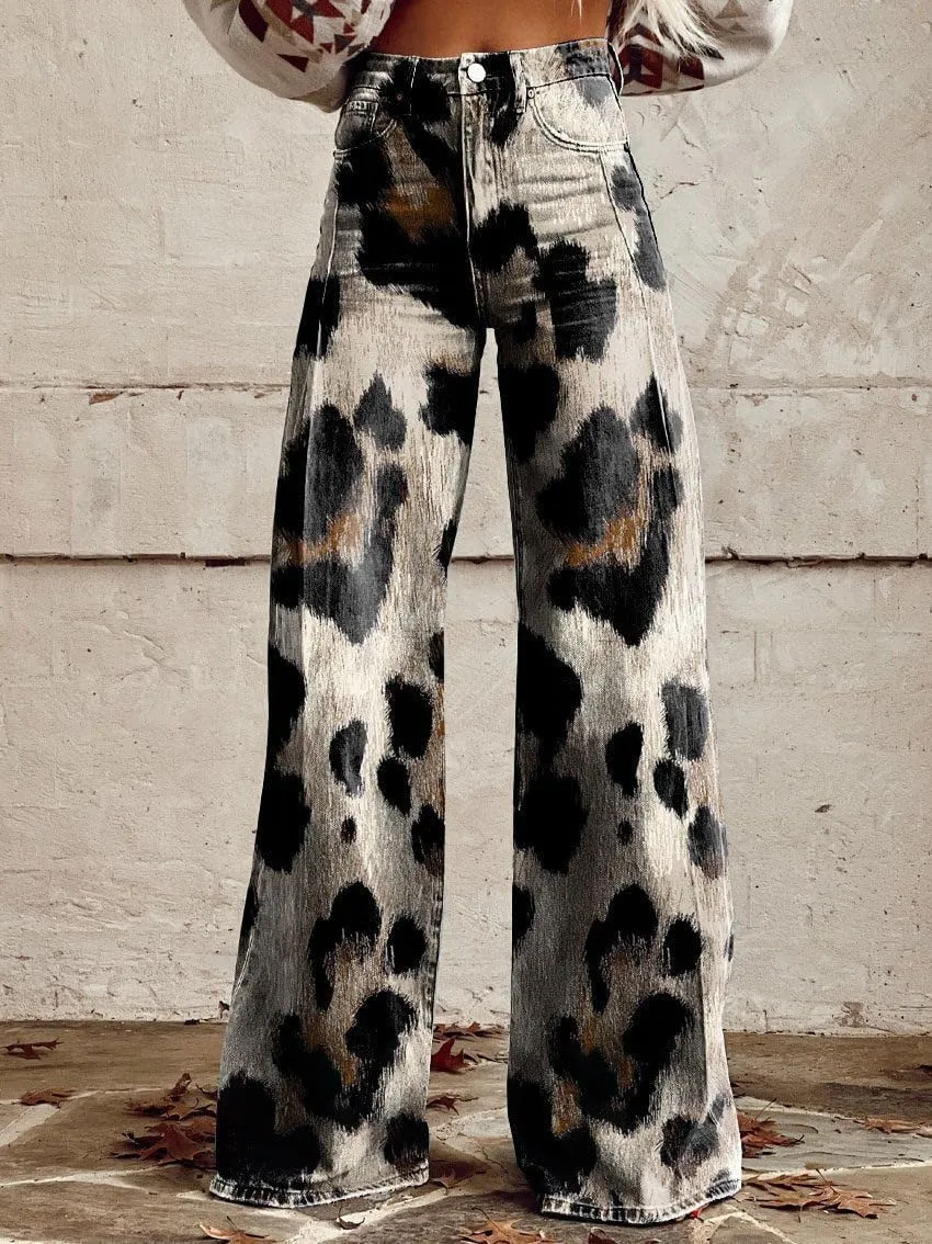 Printed Jeans for Women, Vintage Floral Graphic, 2025 Summer Wide Leg Dark Wash 90s Thin FauxJean Not Really Jeans.