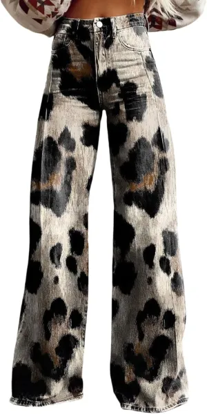 Printed Jeans for Women, Vintage Floral Graphic, 2025 Summer Wide Leg Dark Wash 90s Thin FauxJean Not Really Jeans.