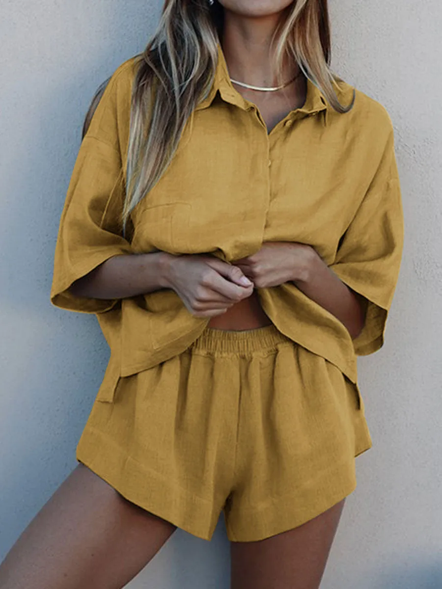 Pure Color Buttoned Shirt Casual Shorts Two-Piece Set
