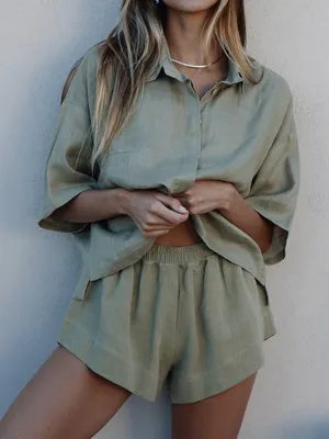Pure Color Buttoned Shirt Casual Shorts Two-Piece Set