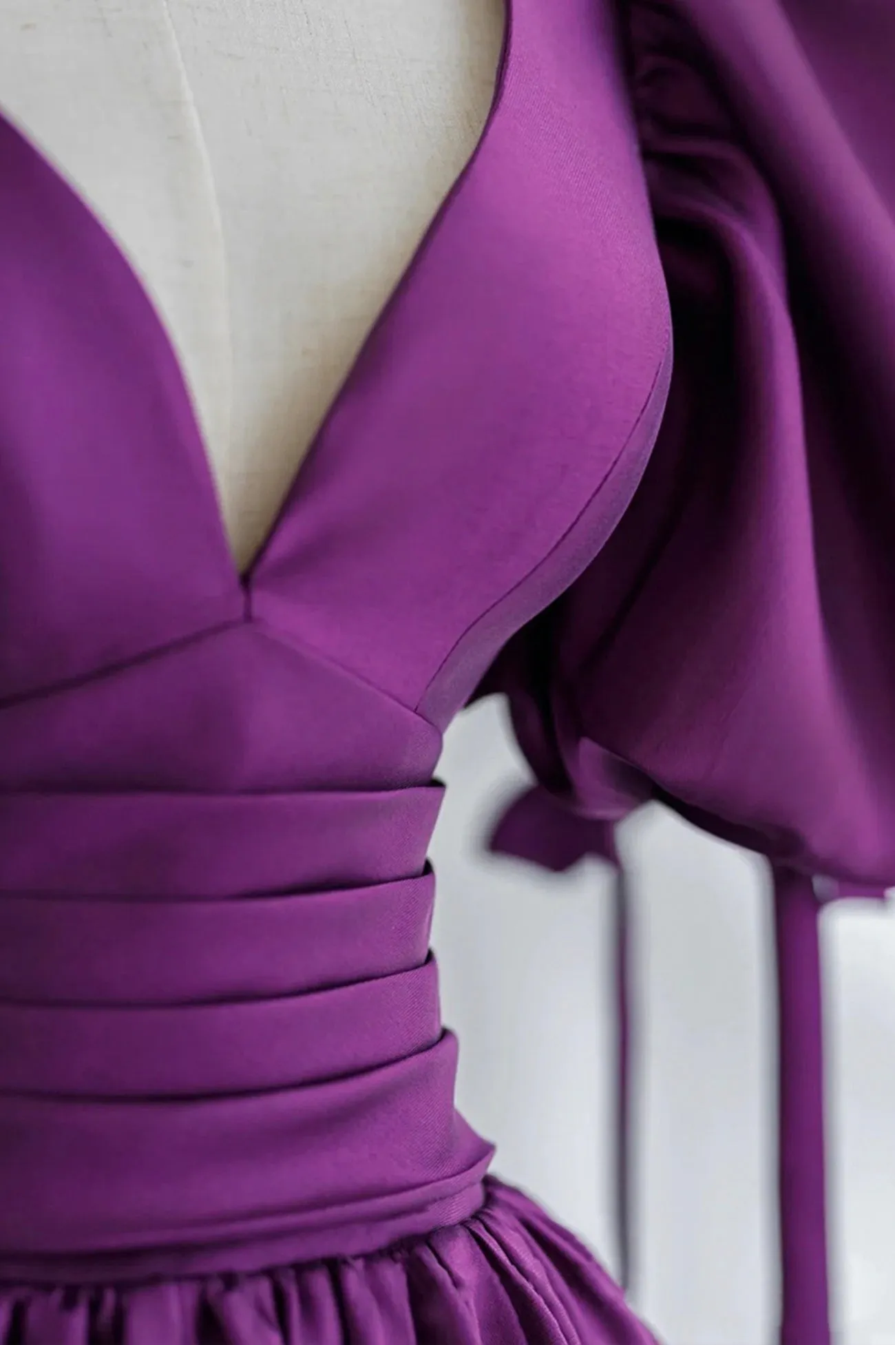 Purple Puff Sleeves Satin Long Prom Dress V-Neck Evening Dress