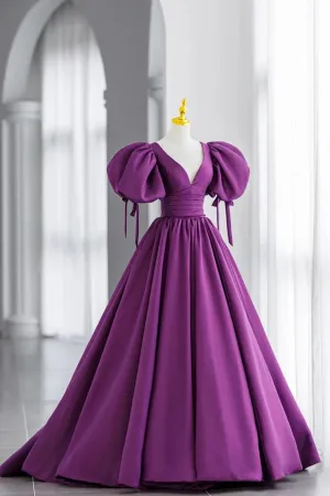 Purple Puff Sleeves Satin Long Prom Dress V-Neck Evening Dress