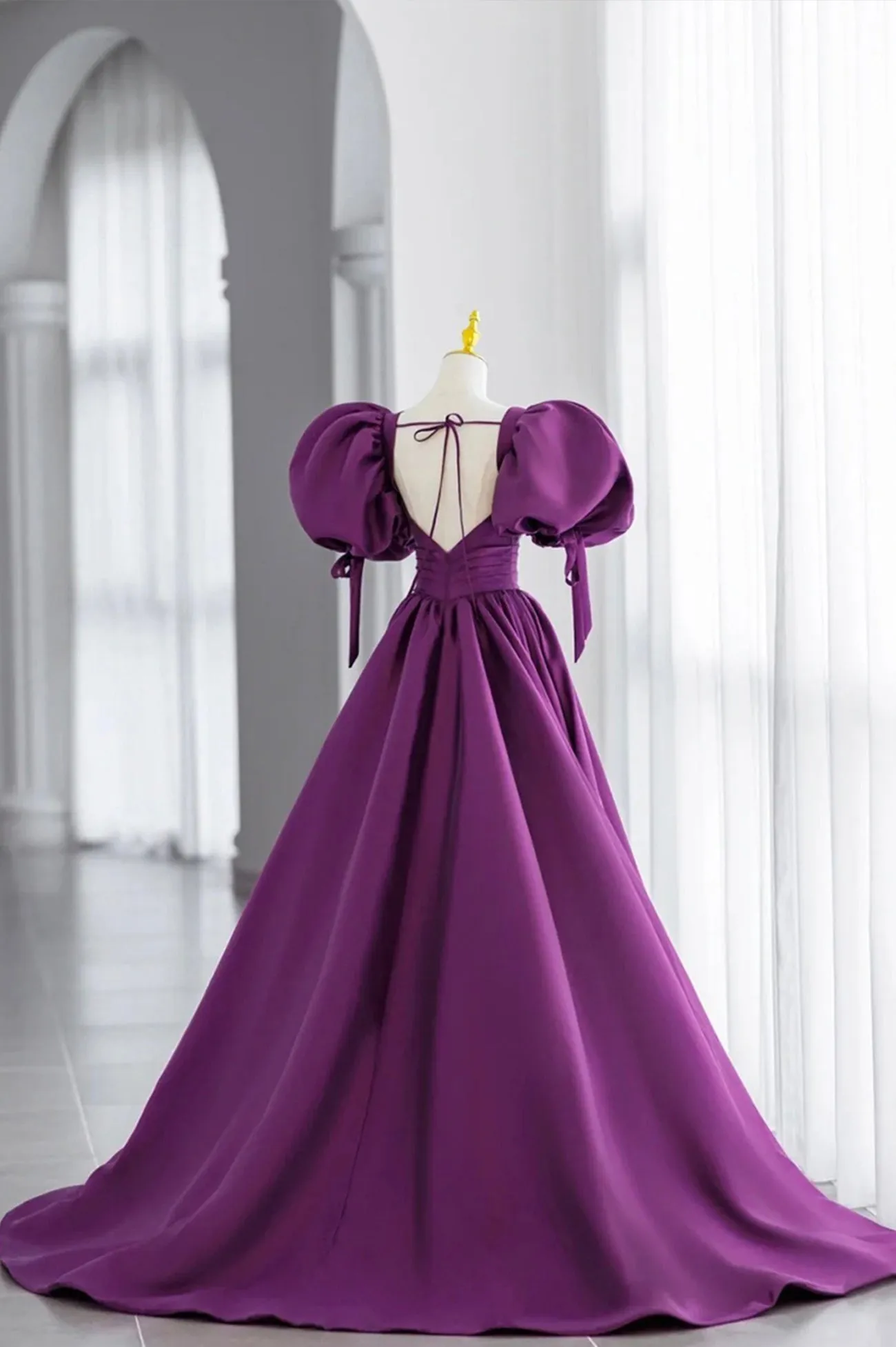 Purple Puff Sleeves Satin Long Prom Dress V-Neck Evening Dress