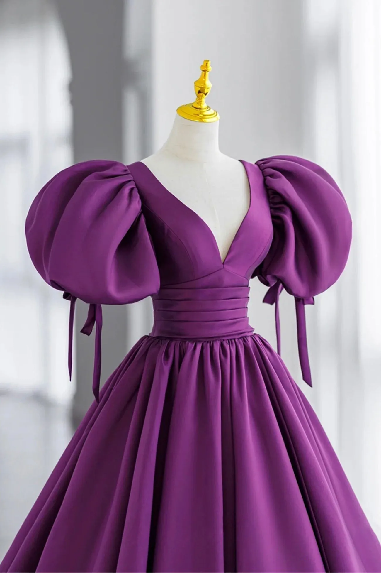 Purple Puff Sleeves Satin Long Prom Dress V-Neck Evening Dress