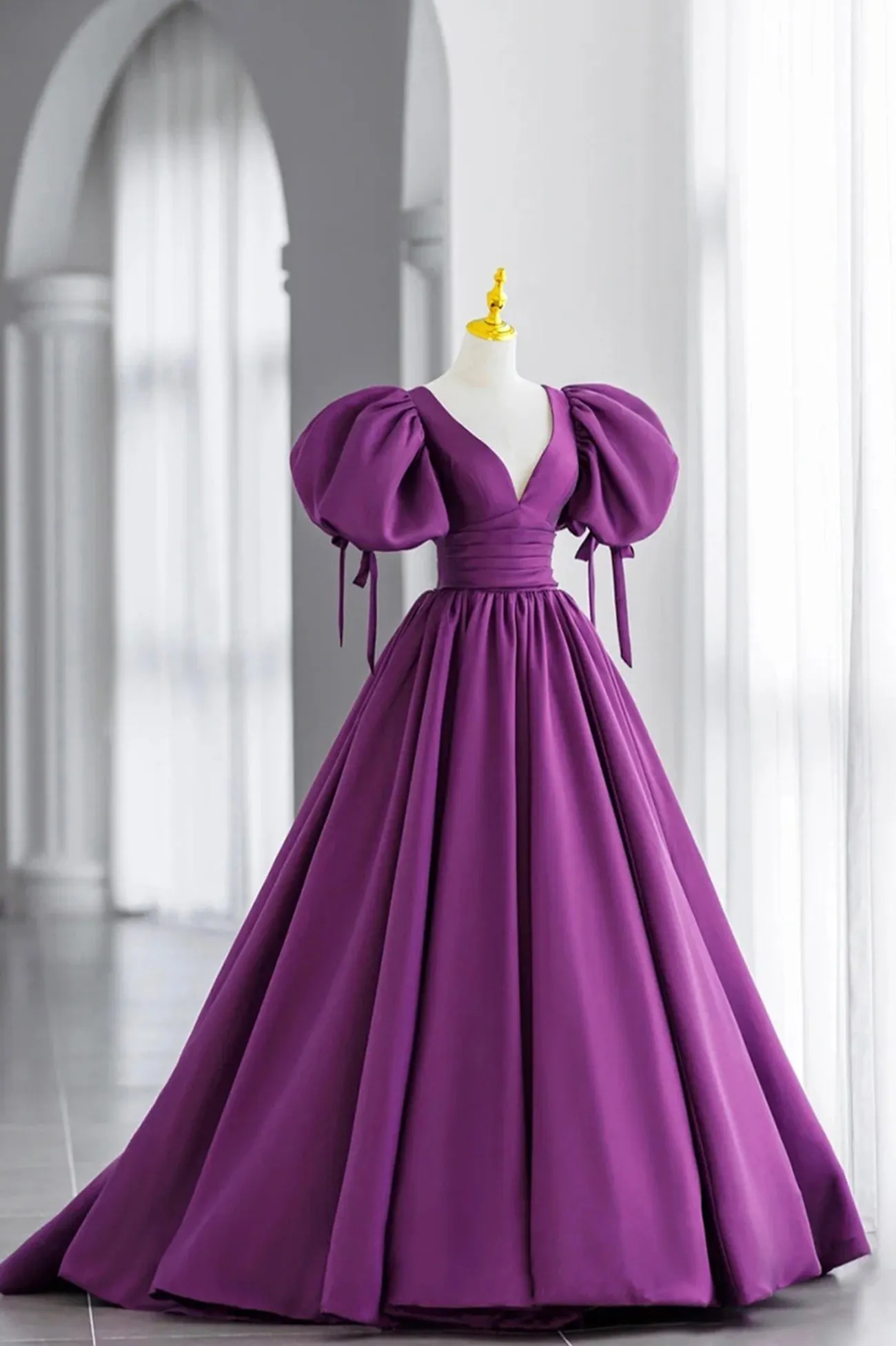 Purple Puff Sleeves Satin Long Prom Dress V-Neck Evening Dress