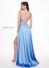 Rachel Allan 6483 Periwinkle 2 Piece Satin Dress with Slit