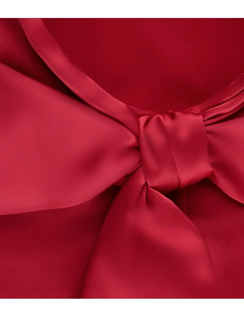 Red Fitted Satin Blouse, Pussy Bow