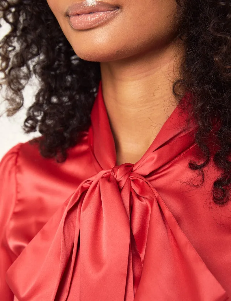 Red Fitted Satin Blouse, Pussy Bow