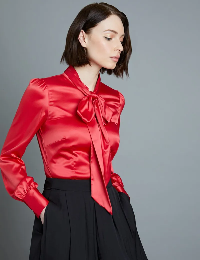 Red Fitted Satin Blouse, Pussy Bow