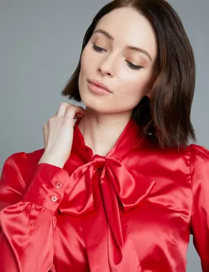 Red Fitted Satin Blouse, Pussy Bow