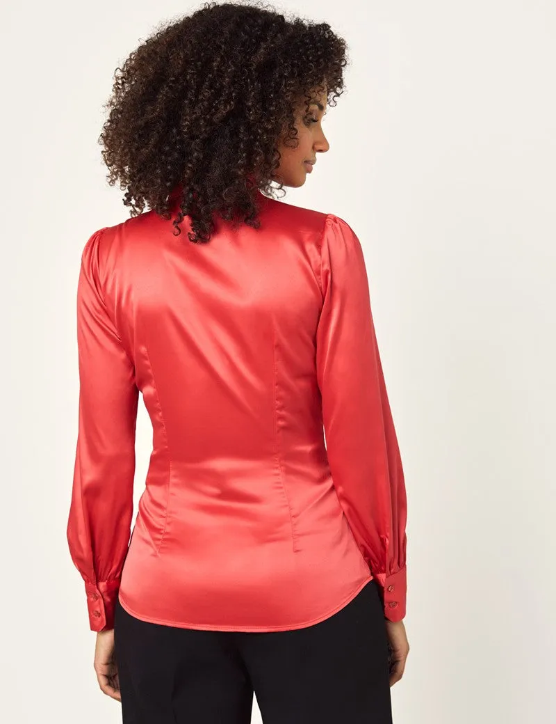 Red Fitted Satin Blouse, Pussy Bow